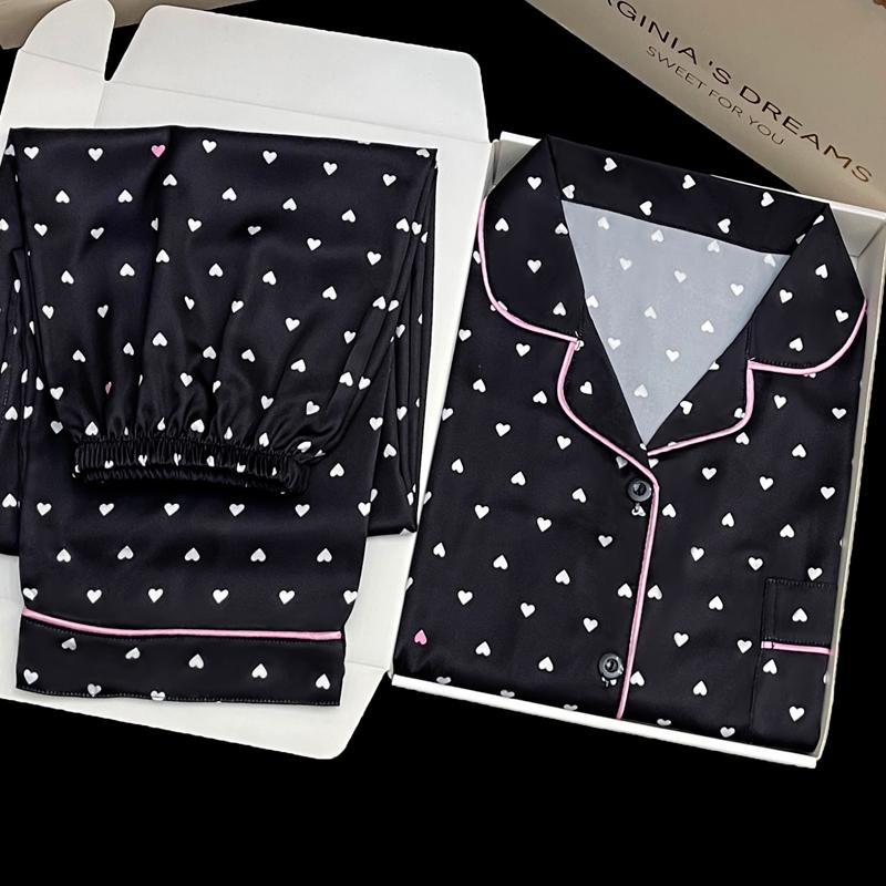 Осенняя пижама с длинным рукавом и принтом любви из 2 предметов для женщин из шелкового атласа, пижамный комплект, пижамный комплект, топы и брюки, домашняя одежда, пижама