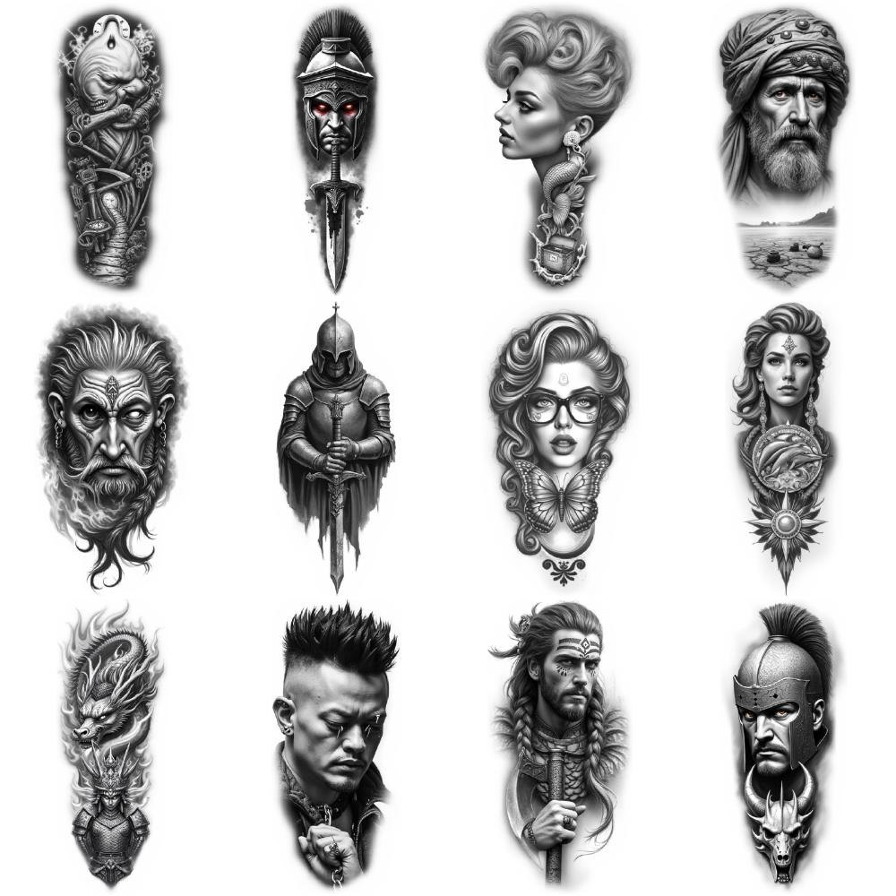 12 шт. Временные Татуировки Черно-Серый Реализм Римский Солдат Женщина Со Черепами Викингов Воин Для Мужчин Бедра Руки