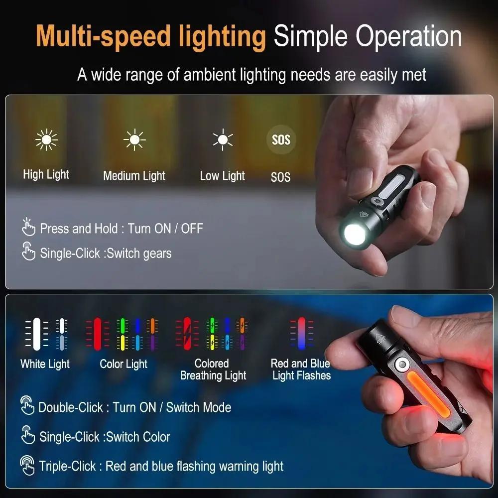 Multi-Light Source Mini Keychain Flashlight Super Bright Side Lamp Portable Work Light Waterproof Rechargeable