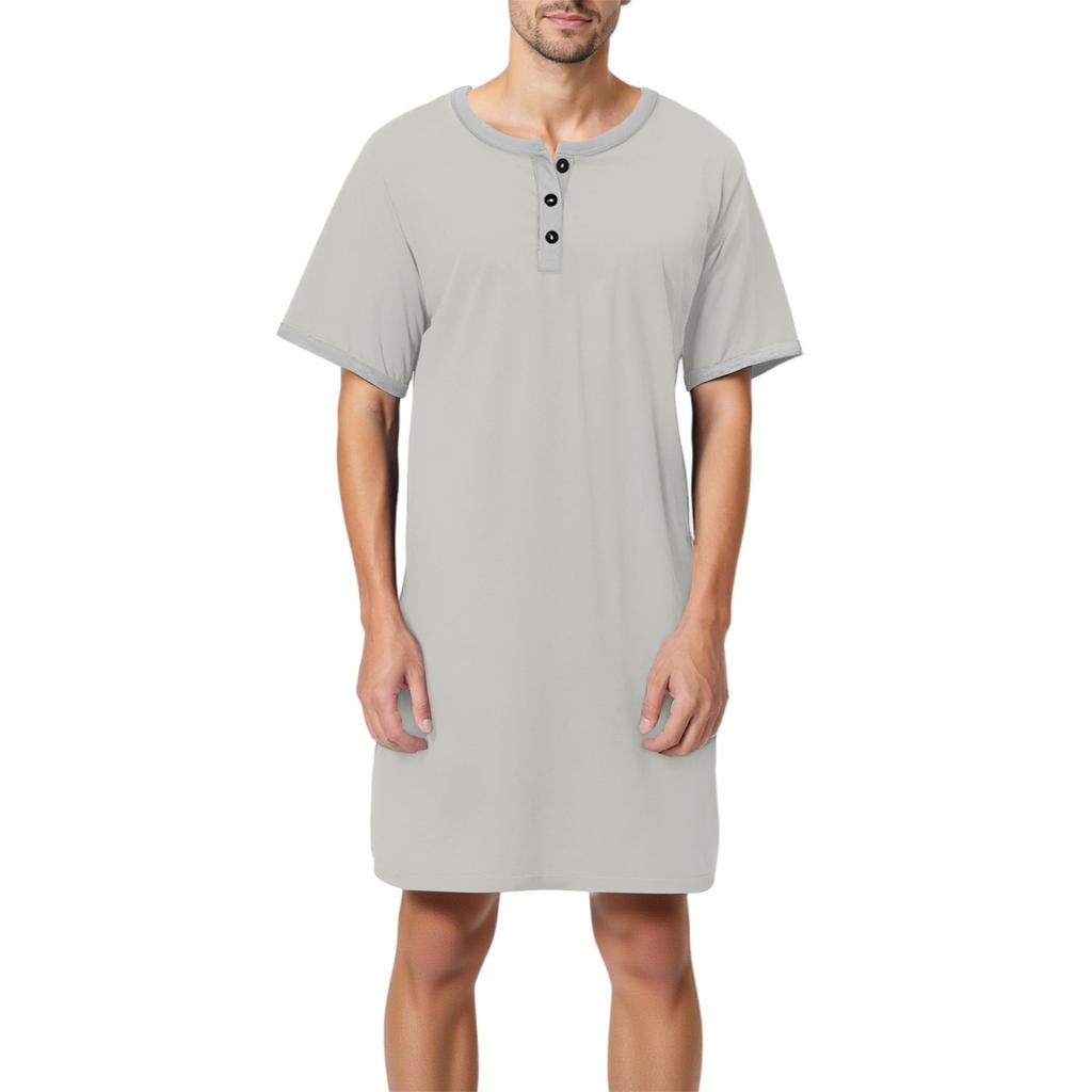 Men's Solid Color Cotton Short-sleeved Pajamas Button-down Collar Long Loose Pajamas Home Clothes