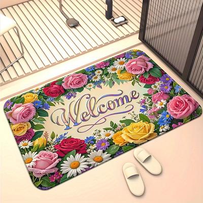 1pc Floral Welcome Non-Slip Outdoor Mat - High-Definition Printed Machine Washable Absorbent Mat, Suitable for Entrance, Bathroom, Camping, Picnic, Yo