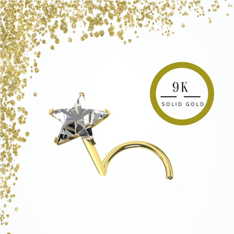 KODY PIERCING Носовой винт для пирсинга из 9-каратного золота, украшенный звездой из фианита CZ - драгоценный камень 3 мм - качественный пирсинг