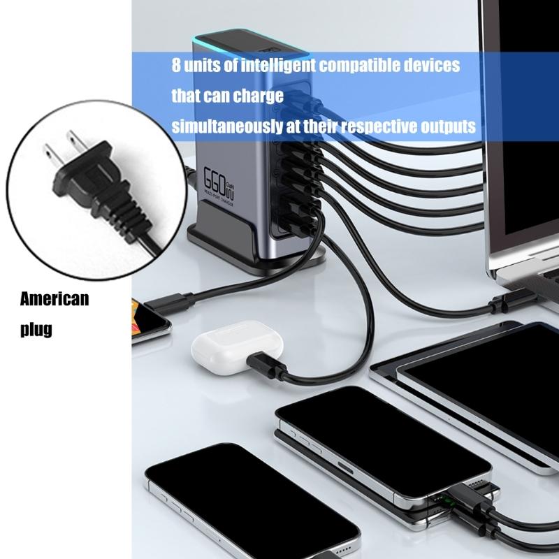 8-портовый USB-C GaN-адаптер питания 660 Вт, поддержка PD100W PD3.0 быстрой зарядки для нескольких электронных устройств