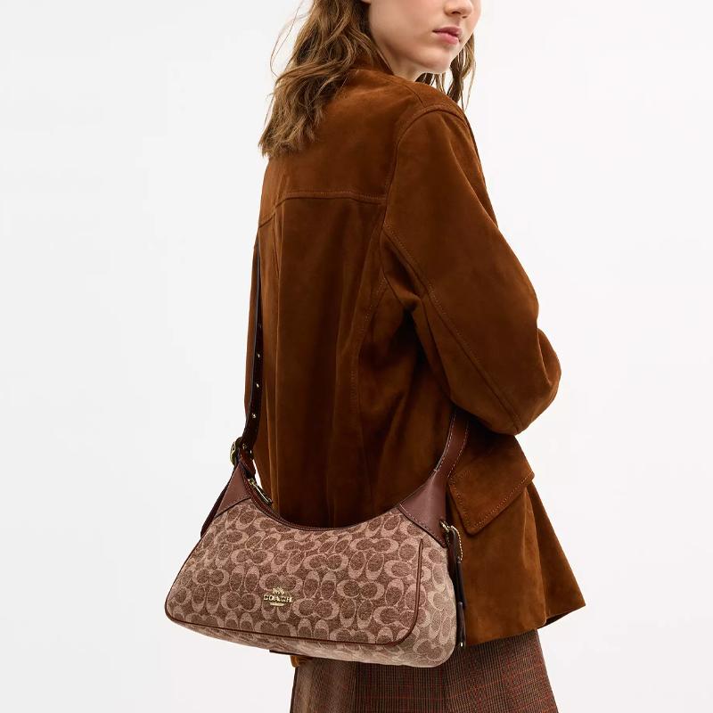 COACH shoulder bag Ella 35 classic old flower all over print chenille velvet and smooth leather hand-held large size for women light khaki and retro