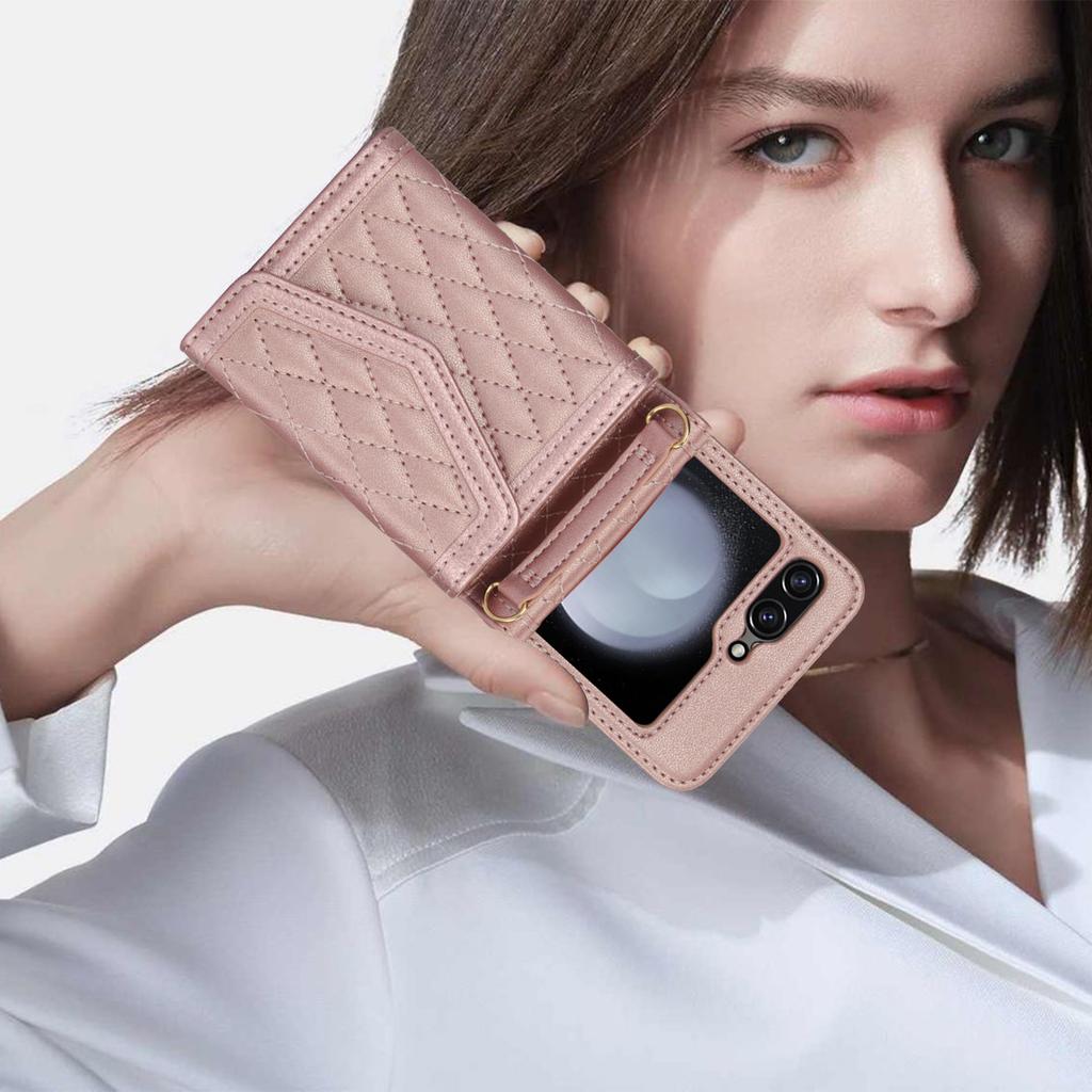 Кошелек-чехол с отделениями для карт через плечо из кожи для Samsung Galaxy Z Flip 7 6 5 4 Flip5 Сумка на ремешке с RFID-защитой Алмазные плечевые ремни Чехол