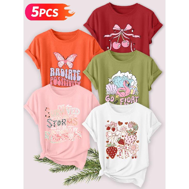 Five-piece set Elegant short-sleeved shirt for women Sunset Coast Print Round Neck Women's Short Sleeve Suitable for Spring and Summer Fashionable