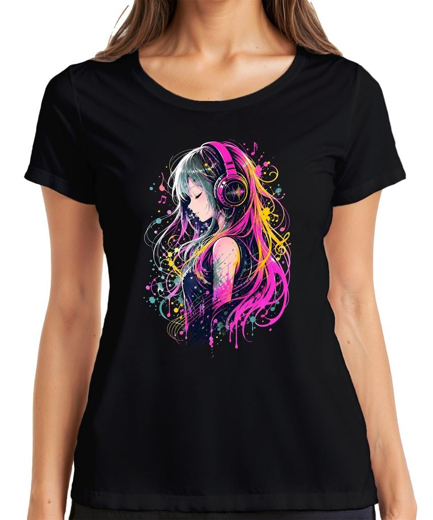 Anime Girls Headphones Music Colorful Kawaii Manga Otaku Watercolor Women T-Shirt
