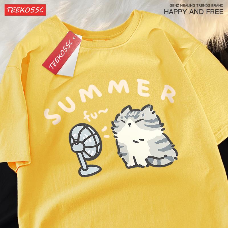 Американская уличная креативная футболка из чистого хлопка с веером и котом для мужчин и женщин, летняя свободная футболка с короткими рукавами для пар, футболка в стиле Харадзюку