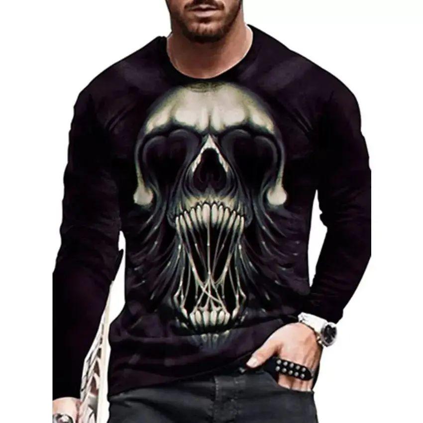 Spring and Autumn Horror Skull Pattern 3d Printed O-Collar Long Sleeve Loose Vintage Printed Men's T-shirts