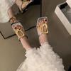 Women's Fashion Low Heel Sandals Women's Summer New Square Head Clip Toe Metal Square Buckle Temperament Flip-flops