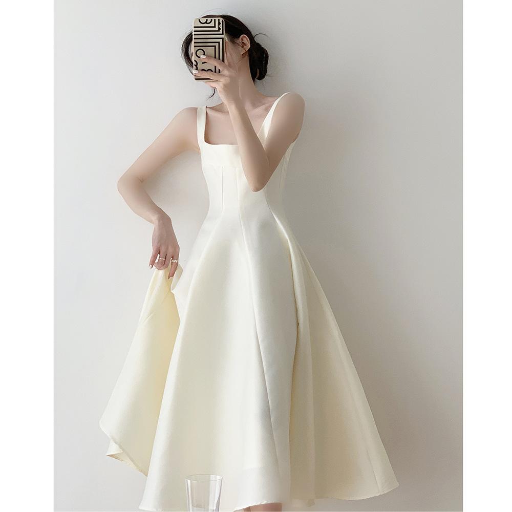 White retro suspender small dress certificate small white dress temperament thin evening dress party daily dress