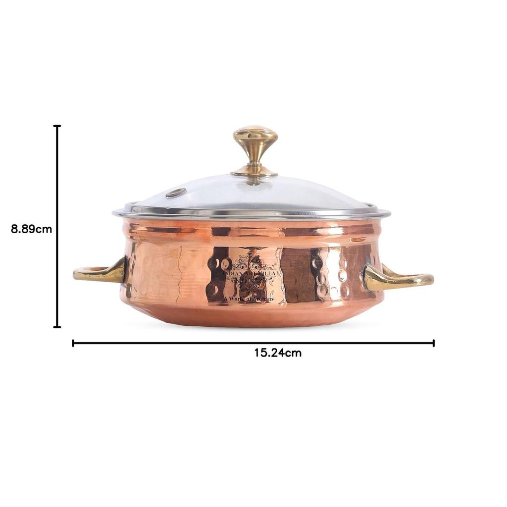 Steel Copper Handi Bowl with Glass Lid, for Serving Dishes, Tableware, Kitchenware for Home and Restaurant 500 ML