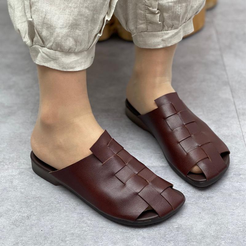 Johnature Плетеные тапочки на плоской подошве из натуральной кожи ручной работы. Женская обувь с круглым носком и мягкой подошвой. Уличные шлепанцы в стиле ретро.