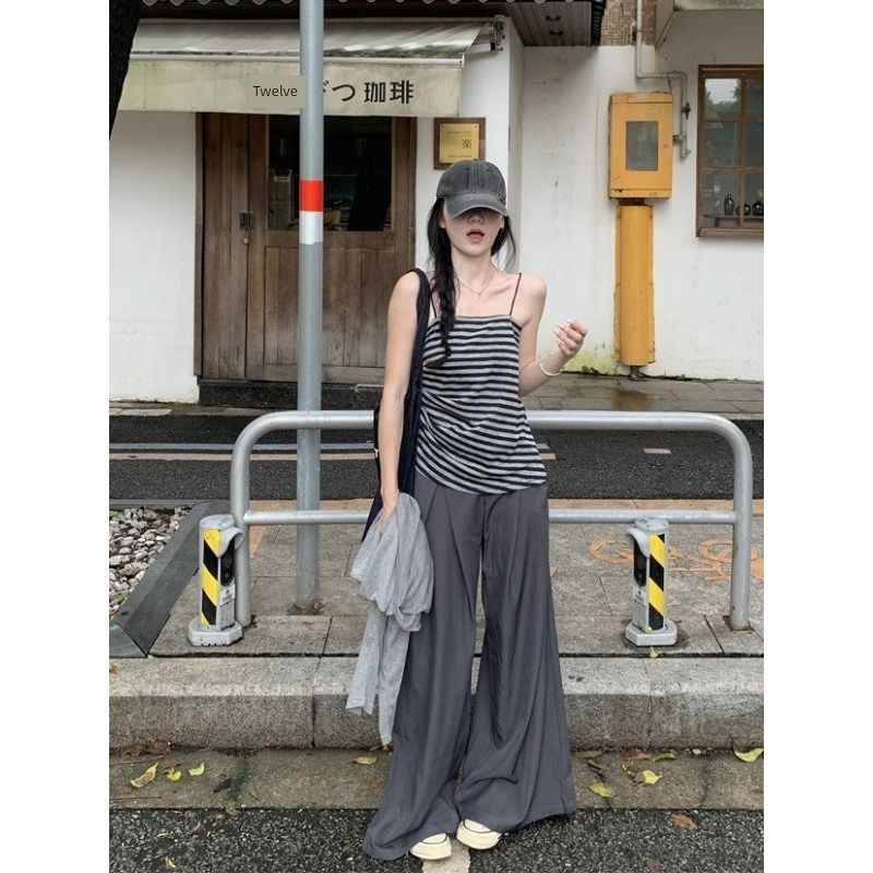 Plus-Size Lazy Style Outfit for Summer: New Gray Striped Tank Top, Cardigan, and Casual Wide-Leg Pants