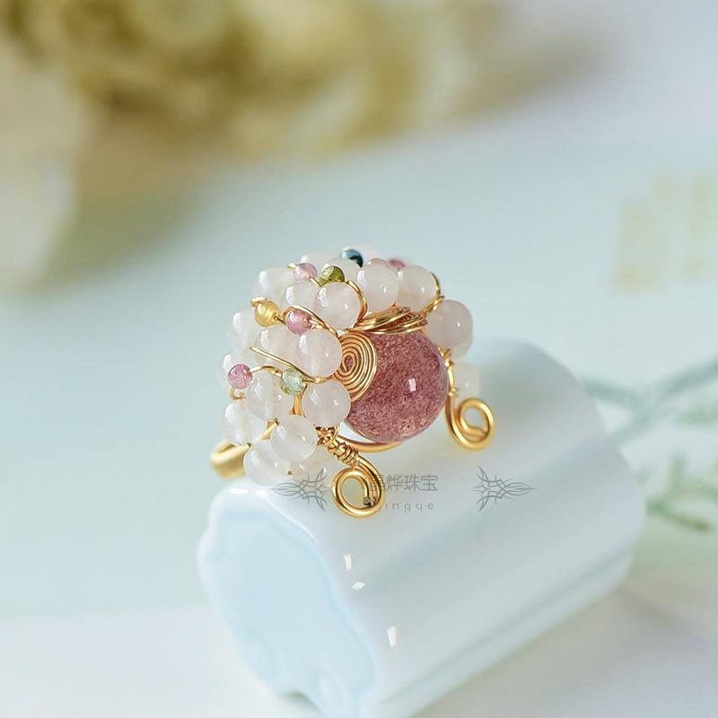 Natural strawberry crystal with natural tourmaline gold silk jade
