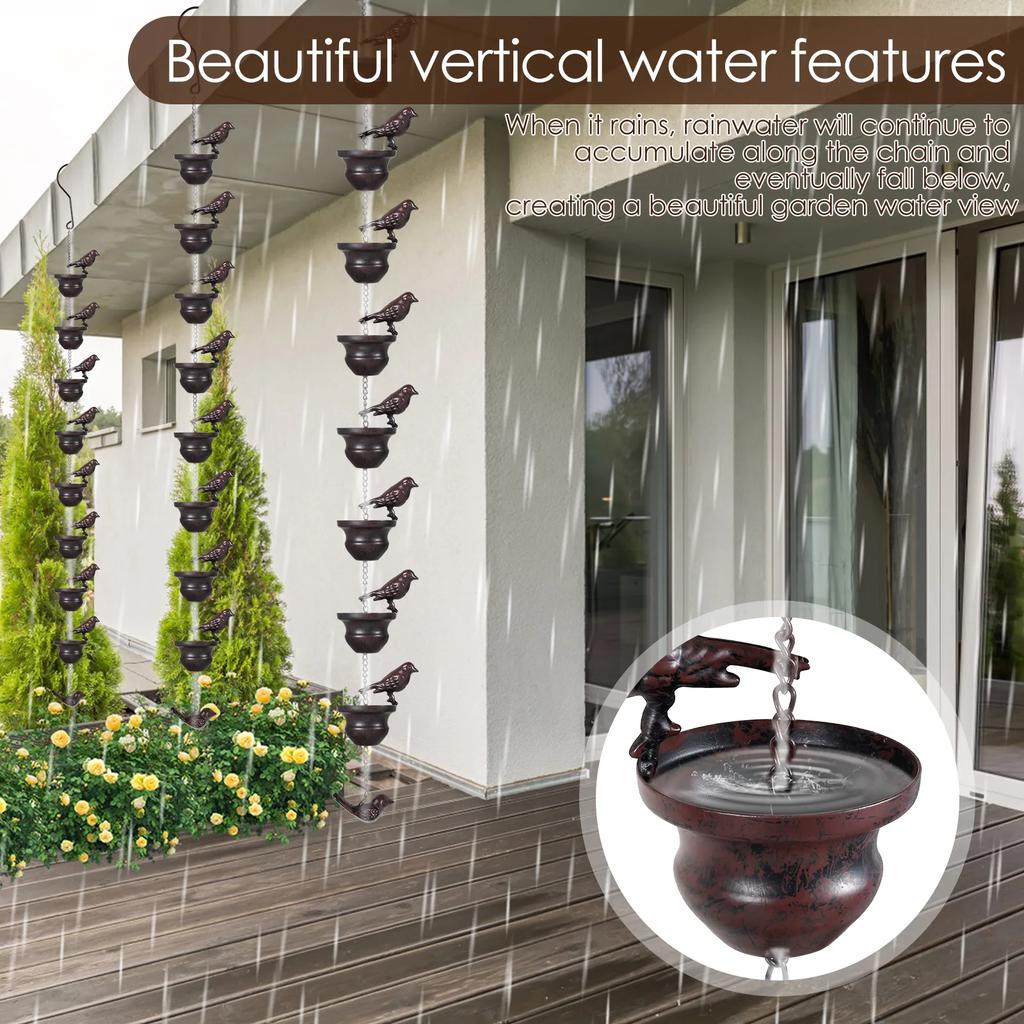 New Metal Rain Chains For Outdoor Gutter Roof Decoration Drainage Creative Birds On Cups Rain Catcher Rain Chain Downspout Tool