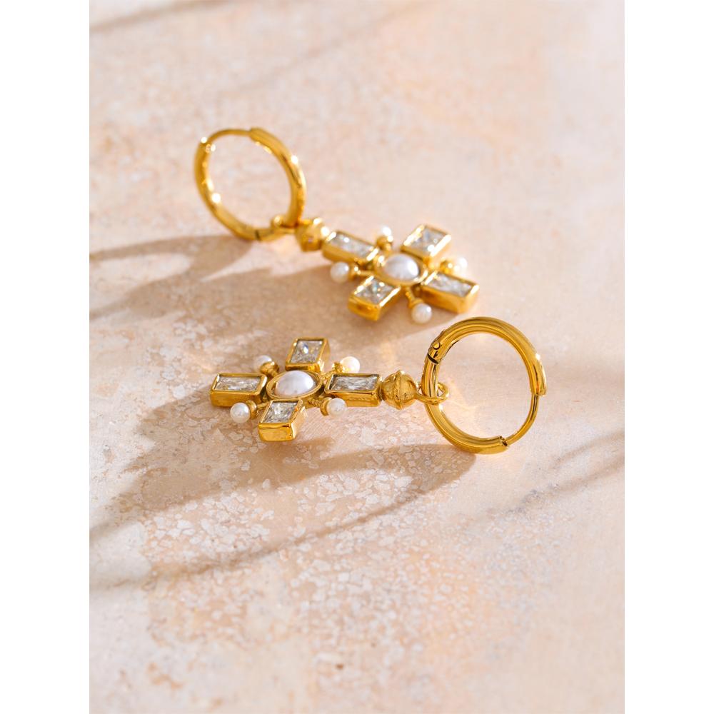 Eetit High Quality Zirconia Pearls Cross Drop Hoop Earrings Golden Stainless Steel Temperament Arrivals Daily Jewelry Gift