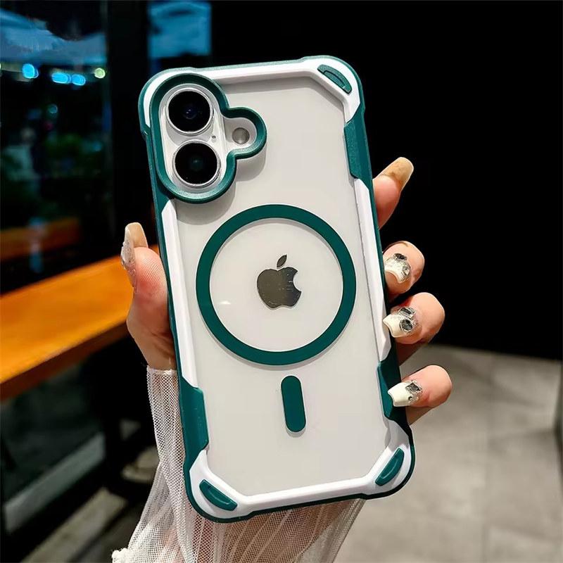 Для Magsafe Magnetic Shockproof Armor Case для iPhone 16 15 14 13 12 11 Pro Max Plus Прозрачный жесткий гибридный бампер задняя крышка