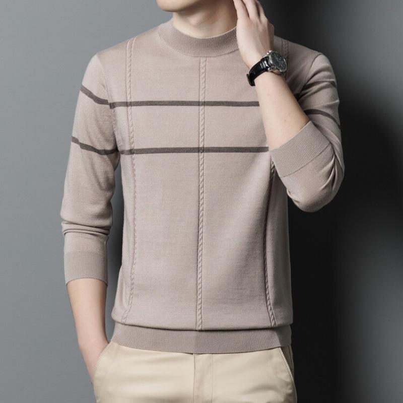 Новый шерстяной свитер, мужской свитер из чистой шерсти с длинными рукавами и полувысоким воротником, полосатый нижний свитер, джемпер, камвольный пуловер Tide