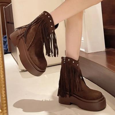 Обувь женская 2024 мода женские сапоги с боковой молнией осенние замшевые однотонные короткие бочонки на платформе толстые каблуки кисточки