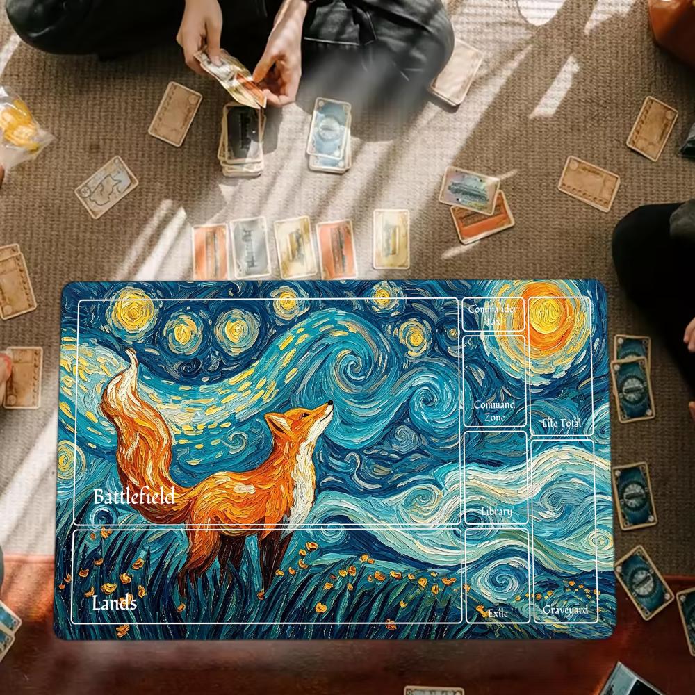Van Gogh Style Art Starry Sky Fox Gaming Mouse Pad Playmat 24"X14" MTG TCG Office Desk Mat for Work Game PC Laptop Rug MousePad