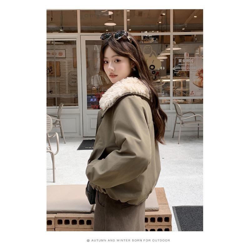 Women Short Faux Lamb Fur Collar Padded Workwear Winter Jacket