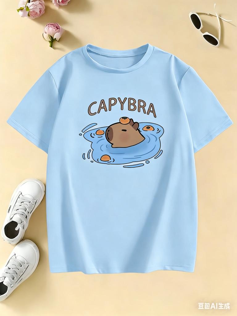 Childrens Swim Capybara Print Design T Shirts Short Sleeve Tees Cartoon Kids Childrens Tshirt Boys Girls Summer Spring