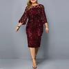 Women O Neck 3/4 Sleeve Sheer Patchwork Shiny Sequins Bodycon Knee-length Dress