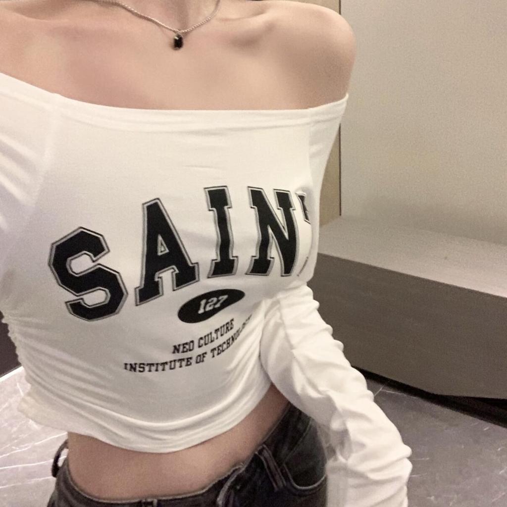 One-word collar off-shoulder sexy collarbone low-neck short open-button tight-fitting long-sleeved T-shirt women's slim print live streaming host top