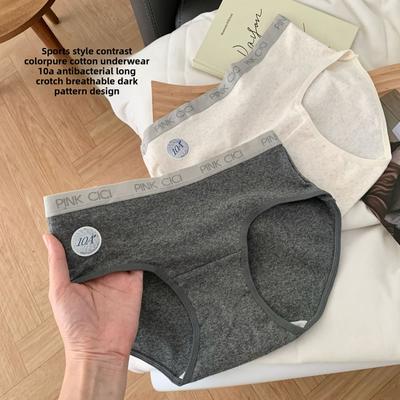 Женское весенне-осеннее нижнее белье из чистого хлопка с контрастной отделкой краев, надписью и темной полоской, антибактериальная ластовица 10A, средней посадки