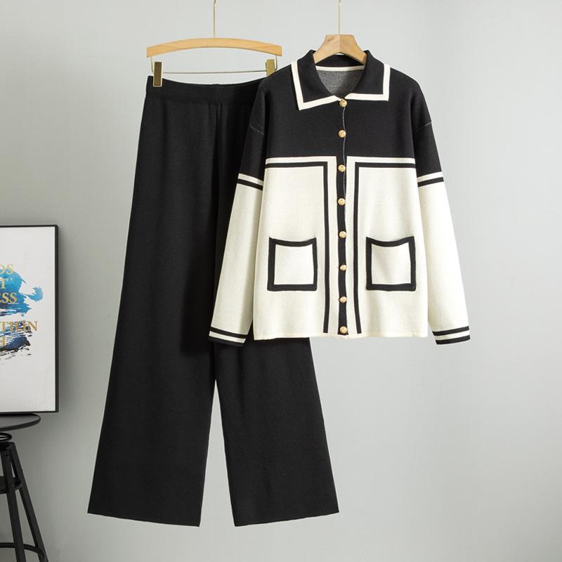 Плюс размер женский весенний новый лацкан цветной контрастный модный повседневный свободный вязаный кардиган из двух частей комплект