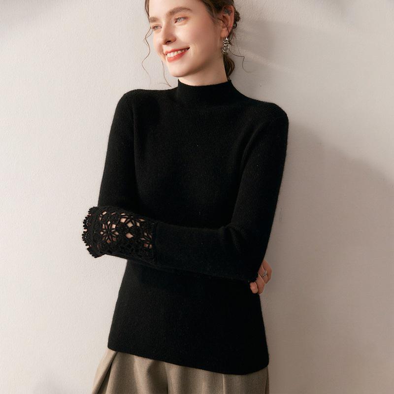 Women's Hand-Crocheted Cashmere Sweater - Slim Fit, Half-High Collar, Long Sleeve, Solid Color, Autumn/Winter Collection