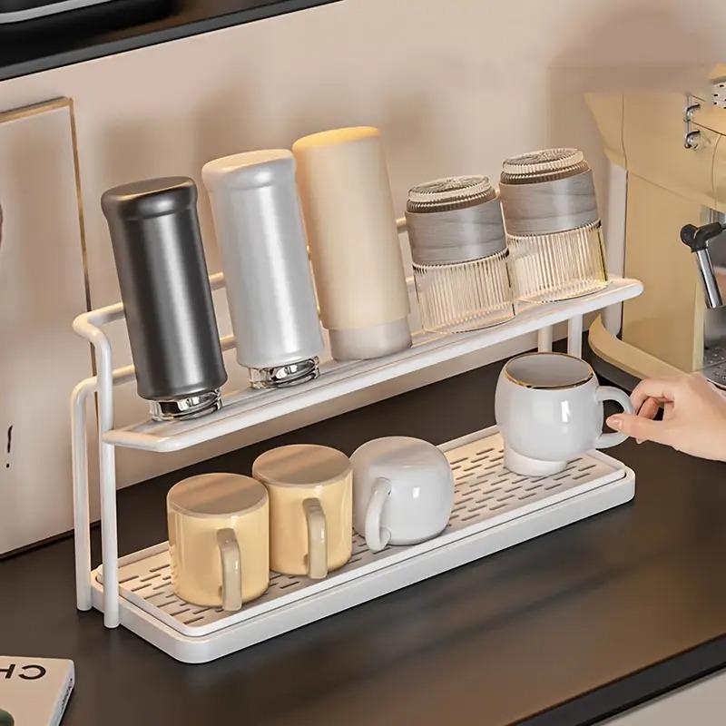 Heavy-Duty Double Layer Cup Holder Organizer with Drain Tray Space-Saving Countertop Shelf for Cups Mugs Coffee Makers