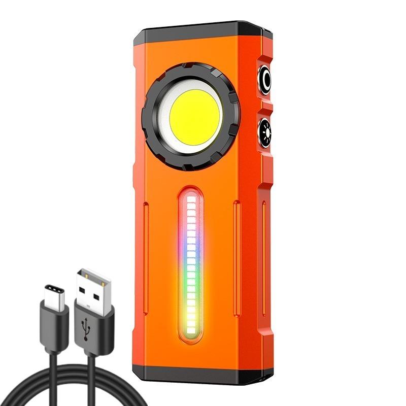 COB Work Light Type-C Rechargeable Flashlight with RGB Light Portable Hat Clip Lamp for Camping & Emergency