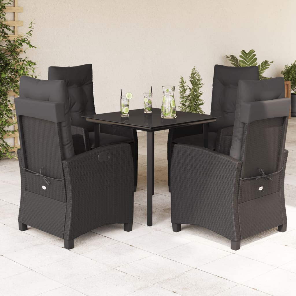 5 Piece Outdoor Dining Set with Cushions Black Poly Rattan