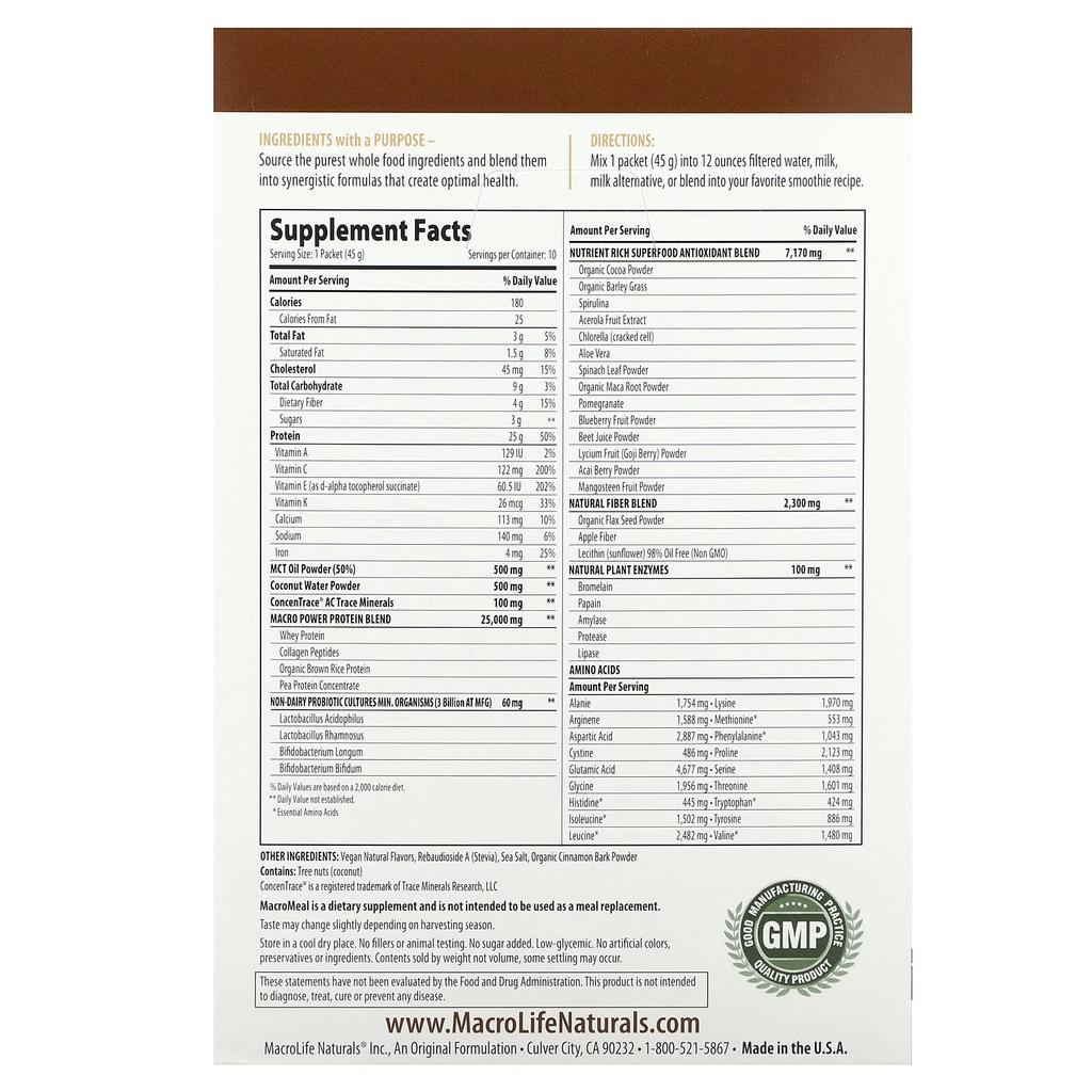 Macrolife Naturals Macro Meal, Ultimate Superfood, Chocolate, 10 Packets, 1.6 Oz (45 G) Each