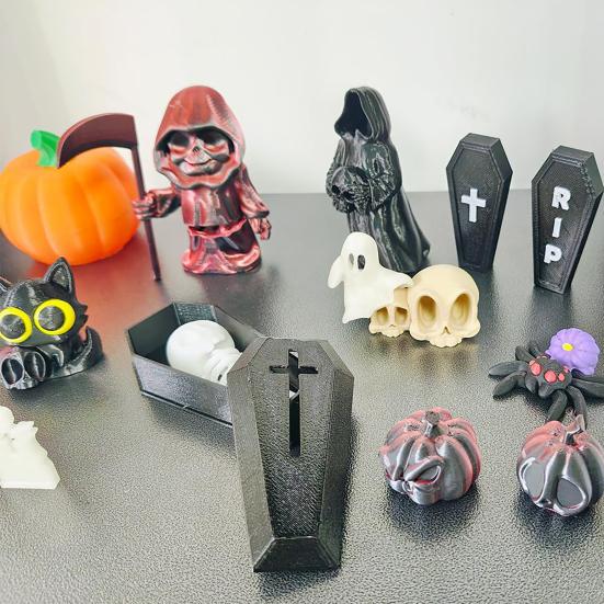 20 Pcs/Set Halloween Miniatures Mini Grim Reaper Skull Figurines Miniature Casket Pumpkin Ornaments for Home Desktop Decoration