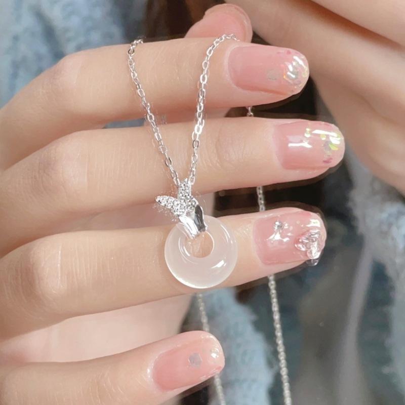 S925 Sterling Silver Butterfly Love Peace Buckle Necklace Women Versatile China-Chic Design New Jewelry White Jade Pith Butterfly Pendant