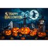1pc Happy Halloween Party Backdrop with Moon Ghost Witch Scarecrow Pumpkin Bats Banner for Halloween Themed Party Decoration