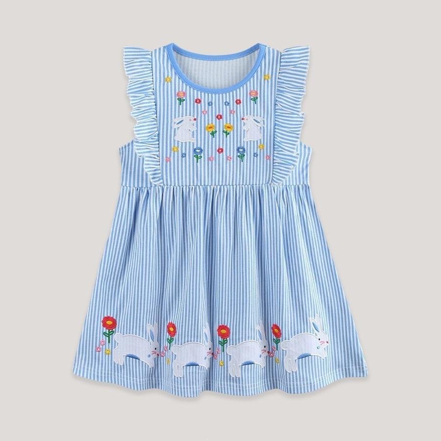 Girls Sleeveless Knit Cotton Dress with Bunny Embroidery Princess Summer Wear