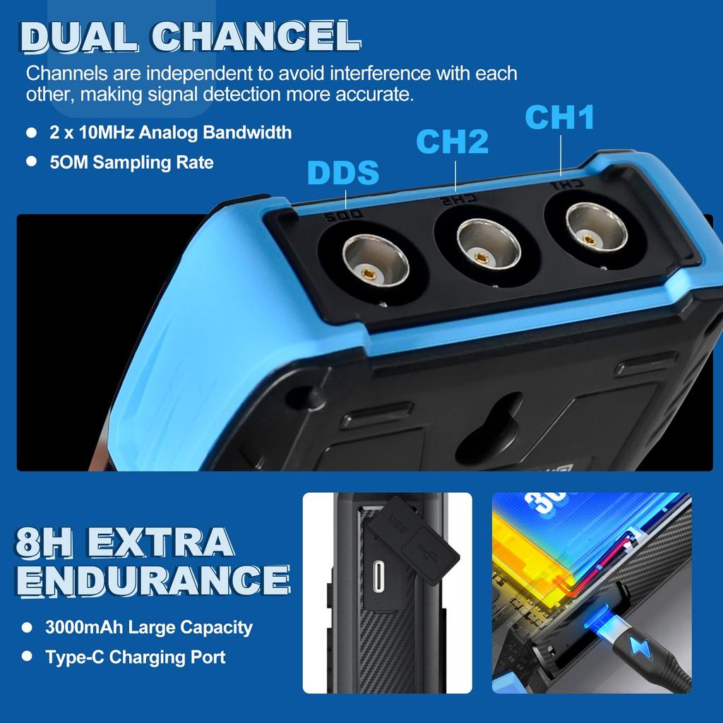 Осциллограф-мультиметр DDS-генератор 3-в-1, 2 канала, полоса пропускания 10 МГц, частота дискретизации 50 Мвыб/с, 9999 отсчетов, измеритель переменного и постоянного тока, 2C23T