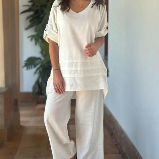 2 шт./комплект женский повседневный наряд с круглым вырезом и рукавом 3/4 средней длины топы с эластичной талией широкие длинные брюки комплект однотонная домашняя одежда
