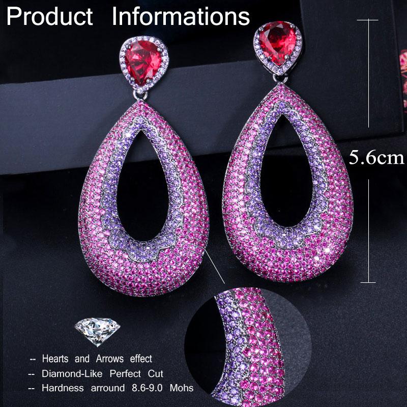 WWJ Top Quality Party Jewelry Full Pave Tiny Rose Red Purple Cubic Zirconia Big Tear Drop Earrings