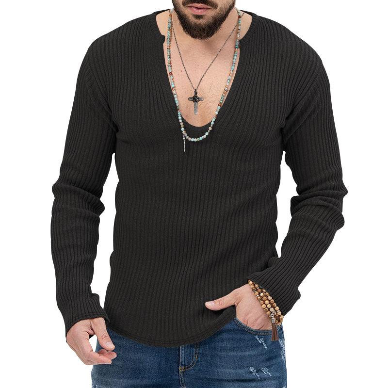 Men's V-Neck Ribbed Long Sleeve Knit Sweater, Slim Fit Casual Pullover, Multiple Color Options