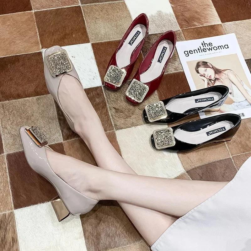 Туфли-лодочки Maogu из кожи с квадратным носком и неглубоким носком, женские, черные, на высоком каблуке, элегантные, женские, средний каблук, тренд 2024 года, весна-лето