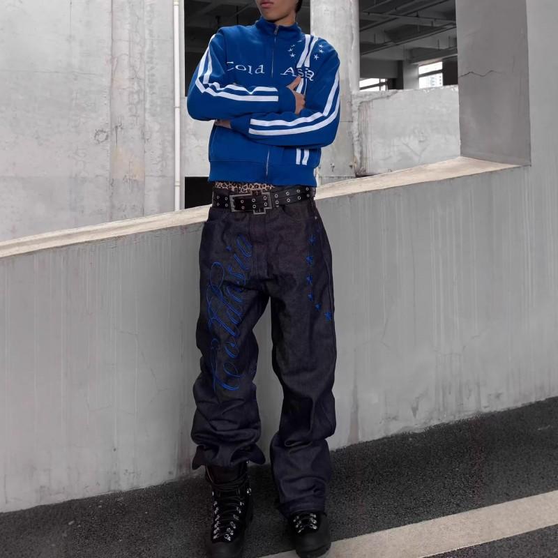 Mens Oversize Straight Leg Jeans Vibe Style Embroidered Raw Denim Pants Casual Stacked Fit