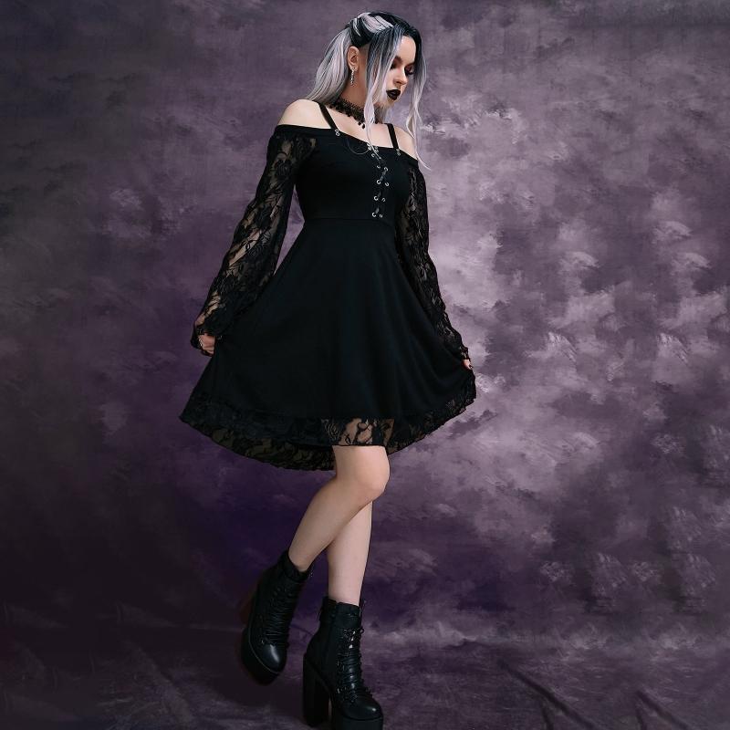 Готическое Панк Платье Миди для Девушек Сексуальное Лоскутное Платье LaAe с Длинным Расклешенным Рукавом Женское Платье-Сарафан Харадзюку с Открытыми Плечами на Бретельках Хэллоуин