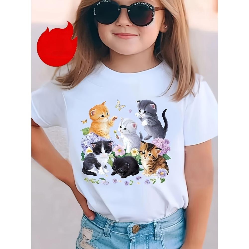 Детская футболка с мультяшным принтом кошки для девочек, летняя одежда для школьниц, топ с коротким рукавом, детские топы Kawaii, топы для девочек
