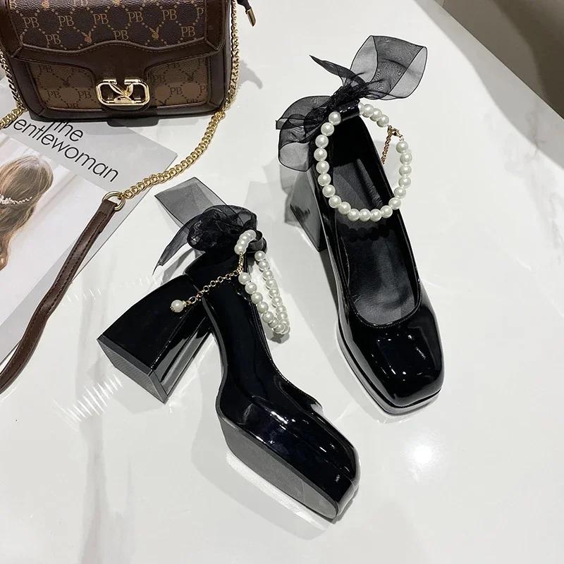 Женские элегантные черные модные туфли-лодочки на высоком каблуке с бантом и квадратным носком, свадебные туфли на толстом каблуке для свадебной вечеринки, жемчужные кружевные свадебные туфли для женщин