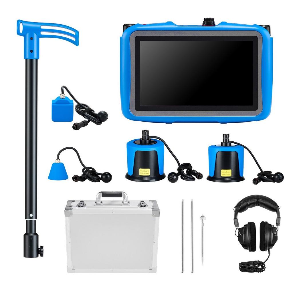 Pipe Water Leak Detector with 4 Sensors, 1Hz-10000Hz, LCD Touchscreen Underground Plumbing Leakage Detection Locator with 3 Listening Rods,